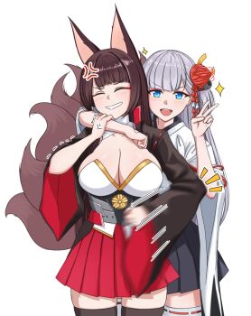 2girls :d akagi_(azur_lane) anger_vein angry animal_ears arm_around_neck azur_lane black_kimono black_skirt blue_eyes blush breasts brown_hair cleavage closed_eyes commentary crane_enthusiast elbowing english_commentary eyeshadow false_smile flower fox_ears fox_girl fox_tail grabbing_another&#039;s_arm grin hair_flower hair_ornament hairclip hands_up highres hug hug_from_behind japanese_clothes kimono kitsune large_breasts long_hair makeup miniskirt multiple_girls multiple_tails open_mouth pleated_skirt red_eyeshadow red_skirt sakura_empire_(emblem) shoukaku_(azur_lane) skirt smile tail thighhighs v very_long_hair white_hair white_kimono wide_sleeves