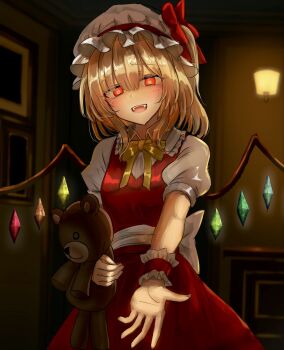 Rule 34 | 1girl, :d, blush, bow, commentary request, cowboy shot, crystal wings, flandre scarlet, frilled wrist cuffs, frills, glowing, glowing eyes, hair between eyes, hand up, hat, highres, holding, holding stuffed toy, indoors, mob cap, one side up, open hand, open mouth, picture frame, puffy short sleeves, puffy sleeves, reaching, reaching towards viewer, red eyes, red skirt, red vest, red wrist cuffs, shirt, short hair, short sleeves, skirt, skirt set, smile, solo, standing, stuffed animal, stuffed toy, teddy bear, teeth, touhou, upper teeth only, vest, wall lamp, white hat, white shirt, wings, wrist cuffs, yellow bow, yuki (snowmaiden)
