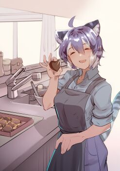 Rule 34 | 1girl, absurdres, ahoge, alternate costume, animal ears, apron, black apron, black hair, bowl, candy, chocolate, chocolate heart, closed eyes, collared shirt, commentary request, contemporary, cowboy shot, extra ears, facing viewer, faucet, food, green shirt, hair between eyes, hand up, heart, heart-shaped food, highres, holding, holding chocolate, holding food, indoors, kemono friends, kemono friends 3, kitchen, maltese tiger (kemono friends), multicolored hair, open mouth, pants, purple hair, riri (dgra3272), shirt, short hair, sink, smile, solo, tail, tiger ears, tiger girl, tiger tail, white hair, wing collar