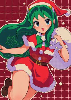 1girl aqua_eyeshadow belt belt_buckle blue_eyes bow bowtie brown_belt brown_shoes buckle capelet christmas commentary cone_hair_bun dress eyeshadow fang foot_out_of_frame fur-trimmed_capelet fur-trimmed_dress fur-trimmed_headwear fur_trim green_bow green_bowtie green_hair grid_background hair_bun hand_up hat highres holding holding_sack long_hair looking_at_viewer lum makeup nka_46 open_mouth pointy_ears pom_pom_(clothes) red_background red_capelet red_dress red_hat sack santa_costume shoes short_dress sidelocks smile solo standing standing_on_one_leg star_(symbol) star_in_eye symbol_in_eye urusei_yatsura