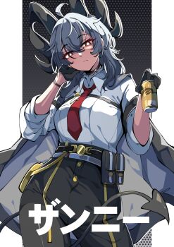 1girl absurdres ahoge black_choker black_gloves black_hair black_horns black_jacket black_pants black_tail breasts can chest_harness choker closed_mouth collared_shirt commentary curled_horns demon_tail drink_can english_commentary gloves grey_hair hair_between_eyes hand_up harness high-waist_pants highres holding holding_can horns jacket jacket_on_shoulders long_hair looking_at_viewer medium_breasts mujib necktie pants red_necktie shirt shirt_tucked_in solo tail white_shirt wuthering_waves zani_(wuthering_waves)