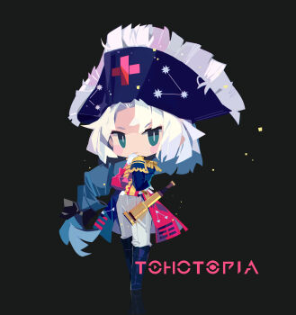 Rule 34 | 1girl, absurdres, adapted costume, alternate costume, alternate headwear, bicorne, black background, blue boots, blue coat, blue hat, boots, bow, braid, closed mouth, coat, constellation print, copyright name, cross, cross print, epaulettes, fringe trim, full body, gloves, green eyes, grey bow, grey hair, hair bow, hat, highres, long hair, long sleeves, looking at viewer, military uniform, multicolored coat, official art, pants, print hat, red coat, red cross, single braid, smile, solo, spyglass, tohotopia, touhou, two-tone coat, very long hair, wanzilala16, white gloves, white pants, yagokoro eirin