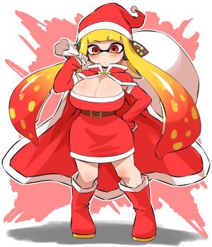 1girl breasts christmas cleavage dress highres inkling inkling_girl inkling_player_character large_breasts nintendo pero_(pero7762) santa_costume santa_dress solo splatoon_(series) tentacle_hair