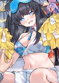 1girl animal_ears black_hair blue_archive blue_eyes blush breasts cheerleader commentary_request dog_ears dog_girl goggles goggles_on_head halo hibiki_(blue_archive) hibiki_(cheer_squad)_(blue_archive) highres holding holding_pom_poms long_hair looking_at_viewer mi_taro333 millennium_cheerleader_outfit_(blue_archive) multiple_girls navel official_alternate_costume open_mouth pink_halo pom_pom_(cheerleading) pom_poms ponytail purple_hair skirt star_(symbol) star_sticker sticker sticker_on_face utaha_(blue_archive) utaha_(cheer_squad)_(blue_archive) yellow_halo