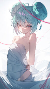 1girl absurdres alternate_hairstyle aqua_hair arms_behind_back artist_name bare_shoulders blush closed_mouth collarbone covered_navel cowboy_shot curtains double_bun flat_chest hair_between_eyes hair_bun hatsune_miku heart heart-shaped_pupils highres looking_at_viewer qys3 red_eyes revision short_hair signature simple_background smile solo string sweat symbol-shaped_pupils vocaloid white_background