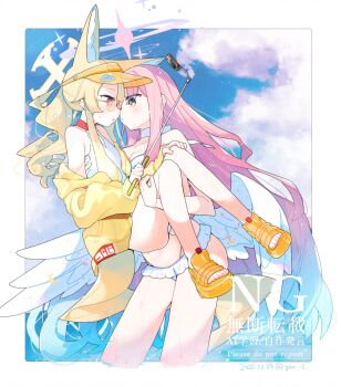 2girls bikini blonde_hair blue_archive carrying cloud_background commentary_request feathered_wings fox_girl halo highres long_hair mika_(blue_archive) mika_(swimsuit)_(blue_archive) multiple_girls official_alternate_costume pink_hair pink_halo princess_carry sandals seia_(blue_archive) seia_(swimsuit)_(blue_archive) sunglasses swimsuit visor_cap white_bikini wings yellow_halo yellow_sandals yun_(dust-i1) yuri