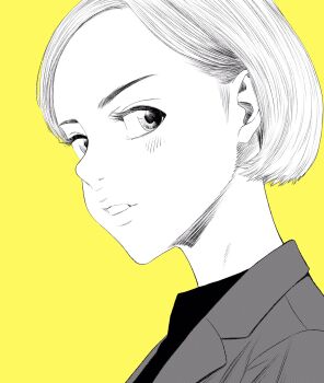 Rule 34 | 1girl, commentary request, forehead, from side, greyscale with colored background, hatching (texture), highres, jacket, lee (dragon garou), light blush, lips, looking at viewer, original, parted lips, portrait, short hair, solo, yellow background