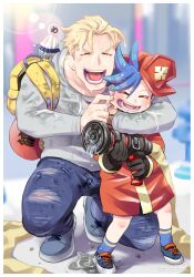 Rule 34 | 2boys, age difference, aged down, anger vein, black gloves, blonde hair, blue footwear, blue hair, blue socks, blurry, blurry background, border, cheek pull, child, closed mouth, collarbone, denim, drawstring, false smile, firefighter, firefighter jacket, full body, galo thymos, gloves, grey footwear, grey sweater, hat, highres, holding, holding hose, hose, jacket, jeans, kray foresight, male focus, multiple boys, open mouth, pants, promare, red hat, shoes, short hair, smile, socks, squatting, sumi wo hakuneko, sweater, teeth, torn clothes, torn jeans, torn pants, wet, wet clothes, wet hair, white border, yellow bag