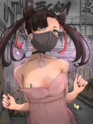 Rule 34 | 1girl, absurdres, bare shoulders, black choker, black hair, black nails, breasts, choker, clothes pull, collarbone, creatures (company), dress, dress pull, game freak, gen 8 pokemon, graffiti, green eyes, hair ribbon, hands up, highres, looking at viewer, marnie (pokemon), mask, morpeko, morpeko (full), mouth mask, nintendo, peba, pink dress, pokemon, pokemon (creature), pokemon swsh, pulling own clothes, ribbon, small breasts, solo focus, spaghetti strap, strap slip, twintails