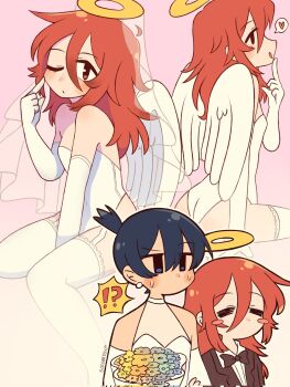 !? 2boys =_= angel_devil_(chainsaw_man) ass black_bow black_bowtie black_eyes black_hair blush blush_stickers bouquet bow bowtie bridal_veil chainsaw_man commentary crossdressing crossdressing_(mtf) double-parted_bangs dress elbow_gloves english_commentary flower gloves hair_between_eyes halo hayakawa_aki heart highres holding holding_bouquet long_hair looking_at_viewer male_focus multiple_boys multiple_views one_eye_closed red_eyes red_hair sofo_soup speech_bubble spoken_heart spoken_interrobang sweat thighhighs traditional_halo tuxedo veil white_dress white_gloves white_thighhighs yaoi