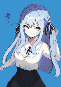 1girl absurdres bang_dream! bang_dream!_it&#039;s_mygo!!!!! black_ribbon blue_background blue_hair commentary gohannanaki hair_ribbon hand_up highres long_hair long_sleeves ribbon shirt sidelocks simple_background solo togawa_sakiko translated white_background white_shirt yellow_eyes