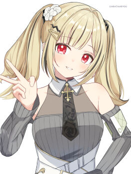 1girl absurdres alternate_costume arata_ryou armpit_crease artist_name bare_shoulders black_necktie blonde_hair collar commentary_request cross detached_collar detached_sleeves dress grey_streaks grey_sweater hair_intakes hair_ornament halter_dress halterneck hand_on_own_hip hand_up head_tilt highres kogara_toto long_sleeves looking_at_viewer multicolored_hair necktie off-shoulder_sweater off_shoulder parted_lips red_eyes ribbed_sleeves ribbed_sweater sidelocks simple_background sleeveless sleeveless_sweater smile solo streaked_hair sweater triangle_hair_ornament twintails upper_body virtual_youtuber vspo! white_background white_collar white_dress
