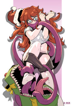 1girl artist_name black_panties blush box brown_shorts clothes_pull commentary crop_top d-rex english_commentary gift gift_box glasses grey_shirt hat highres long_hair mimic mimic_chest navel open_mouth original panties pink_background pointy_ears red_hair santa_hat sharp_teeth shiny_skin shirt short_sleeves shorts shorts_pull teeth tentacles underwear white_background