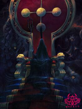 1other 5boys acrylic_paint_(medium) artist_logo bakotsu_(youkai) black_robe black_veil boar colored_sclera commentary crown english_commentary ethan-baron_v._nusjuro gorosei highres holding holding_polearm holding_weapon imu_(one_piece) itsumade_(youkai) jaygarcia_saturn logo looking_at_viewer marcus_mars monster multiple_boys one_piece painting_(medium) polearm red_eyes robe sharp_teeth shepherd_ju_peter sitting_on_throne stairs tall_crown teeth topman_warcury traditional_media trident ushi-oni_(youkai) veil very_long_robe wafalo weapon yellow_sclera