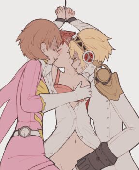 3girls aigis_(persona) android bdsm belt blonde_hair bondage bound bound_wrists bow brown_hair closed_eyes dark_persona forced_kiss french_kiss gloves hair_ornament hairclip headphones highres implied_fingering joints kiss multiple_girls navel persona persona_3 phoenix_ranger_featherman rape robot_ears robot_girl robot_joints saliva shadow_(persona) shadow_aegis shadow_yukari shiomi_kotone short_hair takeba_yukari tbjj1208 tearing_up unbuttoned undressing_another white_gloves yellow_eyes yuri