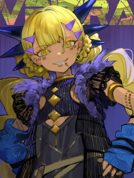 1girl aged_down belt black_shirt black_shorts blonde_hair blue_arm_warmers body_markings braid braided_twintails character_name clothing_cutout dark-skinned_female dark_skin dragon_girl dragon_horns earrings facial_mark fate/grand_order fate_(series) hair_ornament hairclip highres horns indra_no_dai_shiren jewelry long_hair looking_at_viewer shirt shorts side_labret_piercing solo suzuhi_(fullprayer) vritra_(fate) vritra_(young)_(fate) yellow_eyes