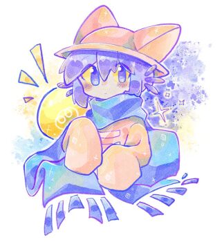 1other amoti androgynous blue_eyes blue_hair blue_scarf blush brown_hat closed_mouth colored_sclera double-parted_bangs hair_between_eyes hat light_bulb long_sleeves niko_(oneshot) oneshot_(game) scarf short_hair sleeves_past_wrists solo upper_body yellow_sclera