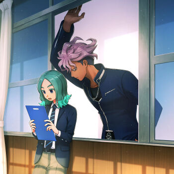 2boys aqua_hair blue_eyes blue_jacket blue_necktie brown_pants clipboard collared_shirt dark-skinned_male dark_skin holding holding_clipboard inazuma_eleven_(series) inazuma_eleven_victory_road jacket kokuro_(kosyari) male_focus medium_hair multicolored_hair multiple_boys necktie open_clothes open_jacket open_mouth pants purple_hair sakurazaki_jouji sasanami_unmei shirt short_hair two-tone_hair white_shirt