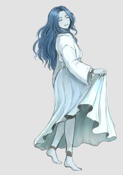 1girl alternate_costume barefoot blue_hair blue_skin closed_eyes clothes_lift colored_skin commentary_request doll dress dress_lift elden_ring full_body grey_background highres ranni_the_witch simple_background smile solo standing wavy_hair yamanobori