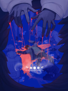 6+boys absurdres ahoge aotsuki_eito armband black_gloves black_jacket black_pants black_shoes black_streaks blood blue_eyes blue_jacket commentary english_commentary evil_smile glasses gloves grey_hair grey_jacket hands_on_own_knees highres hood hoodie jacket jacket_over_hoodie kneeling last_defense_academy_school_uniform loveturtle2 lying male_focus moon_phases multicolored_hair multicolored_jacket multiple_boys multiple_persona on_back on_ground open_clothes open_jacket pants paper puppet_strings red_hair reflection reflective_liquid school_uniform shoes short_hair smile spoilers squatting streaked_hair sumino_takumi the_hundred_line_-last_defense_academy- two-tone_hair two-tone_jacket white_armband white_gloves white_hoodie white_jacket white_pants