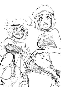 2girls batman_(series) batman_beyond biku blush boots breasts newsboy_cap choker clothes_pull collarbone dc_comics dcau dee_dee_(batman) deidre_dennis delia_dennis facepaint freckles hands_on_own_knees hat medium_breasts monochrome multiple_girls open_mouth panties panty_pull peeing peeing_together pussy shirt short_hair shorts shorts_pull siblings sisters squatting strapless surprised teeth tube_top twins uncensored underwear