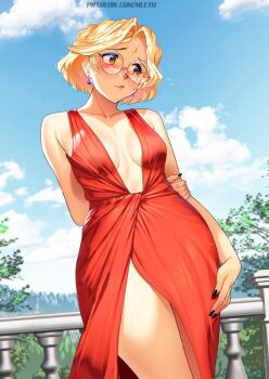 1girl black_nails blonde_hair breasts center_opening cleavage cloud cloudy_sky collarbone commentary day dress earrings english_commentary glasses jewelry looking_to_the_side mleth nail_polish original outdoors red_dress round_eyewear sky solo stina_(mleth) thighs watermark web_address