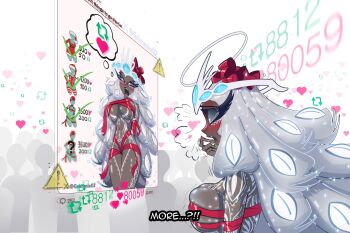 1girl absurdres arms_behind_back artist_name blush breasts colored_sclera cowboy_shot fangs grey_hair grey_sclera grimmie02 hair_ribbon hazbin_hotel hellaverse highres large_breasts like_and_retweet long_hair navel red_ribbon restrained ribbon sera_(hazbin_hotel) shiny_skin simple_background solo teeth twitter_strip_game upper_teeth_only white_background white_eyes