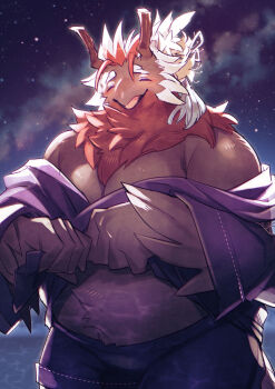 1boshi 1boy another_eidos-r beak belly bird_boy black_shorts blush closed_eyes commentary_request facing_viewer fat furry furry_male hand_wings highres kancrow_(another_eidos) male_focus night night_sky ocean open_mouth shorts sky star_(sky)