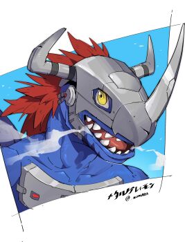 Rule 34 | blue background, breath, cyborg, digimon, digimon (creature), dinosaur, helmet, highres, horns, metalgreymon (virus), nomiyaria, red hair, sharp teeth, simple background, solo, teeth, twitter username, upper body, white background, yellow eyes