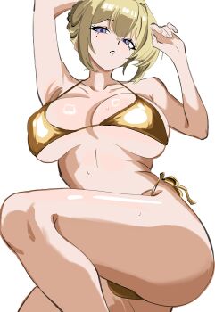 1girl absurdres alternate_costume arm_above_head ass bikini blonde_hair blush breasts collarbone evelyn_chevalier gold_bikini hand_up highres large_breasts looking_at_viewer lying mole mole_under_eye on_back purple_eyes simple_background solo sweat swimsuit white_background y_vezleapple zenless_zone_zero