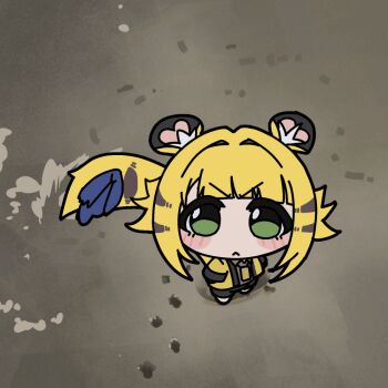 1girl animal_ear_fluff animal_ears animal_print animated animated_gif annoyed black_shirt black_shorts blinking blonde_hair blush chibi chibi_only commentary_request dust from_below green_eyes hair_intakes imaweedman01 jacket ju_fufu korean_commentary motion_blur photo-referenced shirt shorts solo tail tail_wagging tiger_ears tiger_girl tiger_print tiger_tail yellow_jacket zenless_zone_zero