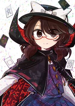 Rule 34 | 1girl, black cape, bow, brown eyes, brown hair, cape, closed mouth, commentary, glasses, hat, hat bow, highres, long hair, long sleeves, looking at viewer, low twintails, plaid clothes, plaid skirt, plaid vest, purple vest, red-framed eyewear, red cape, runes, semi-rimless eyewear, shirt, skirt, smile, solo, tama (hiroshige 36), touhou, twintails, two-sided cape, two-sided fabric, under-rim eyewear, usami sumireko, vest, white shirt, zener card