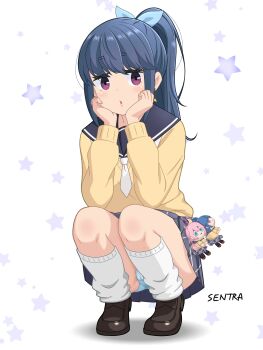 1girl absurdres blue_hair blush character_doll commentary_request doll highres kagamihara_nadeshiko long_hair long_sleeves looking_at_viewer motosu_school_uniform open_mouth pink_hair ponytail purple_eyes sailor_collar school_uniform sentra serafuku shima_rin skirt sweater yurucamp