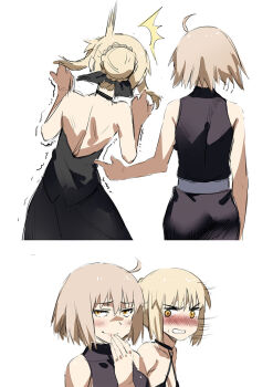2girls 2koma ^^^ artoria_pendragon_(fate) bad_id bad_pixiv_id bare_arms bare_back bare_shoulders black_dress black_neckwear blonde_hair blush braid choker club3 comic commentary_request dress embarrassed fate/grand_order fate/stay_night fate_(series) french_braid giggling hair_bun hair_ribbon hand_to_own_mouth highres jeanne_d'arc_(fate) jeanne_d'arc_(ruler)_(fate) jeanne_d'arc_alter_(avenger)_(fate) jeanne_d'arc_alter_(fate) motion_lines multiple_girls nose_blush poking ribbon saber_(fate) saber_alter short_hair simple_background single_hair_bun sketch sleeveless sleeveless_dress smile surprised sweatdrop trembling white_background yellow_eyes