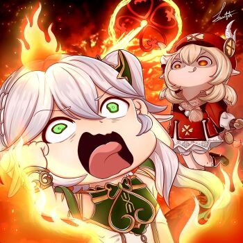 2girls :q ahoge arm_up backpack bag bag_charm bloomers boots bracelet brown_footwear brown_gloves brown_scarf burning newsboy_cap charm_(object) chibi child clover_print coat commentary_request detached_sleeves dodoco_(genshin_impact) explosion fighting_stance fire genshin_impact gloves green_eyes grey_hair hair_between_eyes hair_ornament hands_on_own_head hat hat_feather hat_ornament highres jewelry klee_(genshin_impact) knee_boots kneehighs kono_subarashii_sekai_ni_shukufuku_wo! light_brown_hair lilean long_hair long_sleeves looking_at_another looking_away looking_up low_twintails meme multiple_girls nahida_(genshin_impact) orange_eyes parody pocket pointy_ears randoseru red_coat red_headwear scared scarf shaded_face short_sleeves shouting side_ponytail sidelocks signature smile socks standing standing_on_one_leg surprised tongue tongue_out twintails underwear