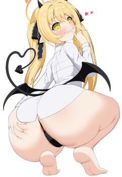 1girl absurdres ass black_ribbon black_wings blonde_hair blue_archive bluerabbit_gap blush demon_girl demon_horns demon_tail demon_wings finger_to_mouth from_behind full_body grabbing_own_ass hair_between_eyes hair_ribbon halo hand_up heart heart_tail highres horns ibuki_(blue_archive) knees_apart_feet_together kyojiri_loli leaning_forward loli long_hair looking_at_viewer looking_back no_pants orange_halo panties presenting ribbon shirt shushing solo squatting tail thighs tiptoes twintails underwear very_long_hair white_panties white_shirt wings yellow_eyes yellow_halo