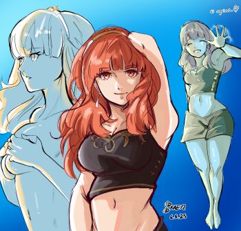 Rule 34 | 1girl, absurdres, armor, bare legs, black shorts, black tube top, breast press, breasts, broken armor, celica (fire emblem), cleavage, closed eyes, covering breasts, covering privates, earrings, fire emblem, fire emblem echoes: shadows of valentia, fire emblem warriors, highres, jewelry, kaen (yoltablaze), long hair, medium breasts, midriff, multiple views, navel, nintendo, official alternate costume, orange eyes, orange hair, princess, red eyes, red hair, shorts, smile, stomach, strapless, tiara, topless female, tube top