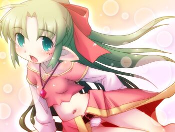 1girl bare_shoulders belt black_belt blush bow breasts collarbone cowboy_shot curtained_hair elf green_eyes green_hair hair_bow juusha-chan_to_yaya_zannen_na_yuusha_no_hanashi juusha_(juusha-chan_to_yaya_zannen_na_yuusha_no_hanashi) navel open_mouth panties pink_shirt pink_skirt pointy_ears ponytail red_bow shirt short_sleeves sidelocks skirt small_breasts solo standing thighs third-party_source underwear white_panties yoshi_(crossmind)