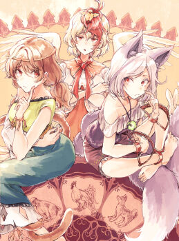 3girls :o animal animal_ears animal_on_head baby_animal bare_shoulders barefoot bear_trap bird bird_on_head blonde_hair chick chicken chinese_zodiac closed_mouth collarbone confused crossed_arms dog dog_ears dog_tail dress expressionless feet finger_to_cheek frilled_dress frills green_dress grey_dress grey_hair grey_tail hair_between_eyes hand_on_own_cheek hand_on_own_face hisona_(suaritesumi) jewelry leaning leaning_forward long_dress long_hair looking_at_viewer looking_to_the_side mitsugashira_enoko monkey monkey_girl monkey_tail multicolored_hair multiple_girls niwatari_kutaka off_shoulder on_head orange_dress orange_eyes orange_hair orange_tail pale_color pendant red_hair rooster short_hair short_sleeves sideways_glance single_sleeve sitting son_biten streaked_hair tail toenails toes touhou white_dress