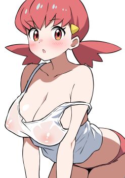 1girl blush breasts collarbone commentary_request ecgg_(tsuji418477) highres large_breasts looking_at_viewer nintendo off_shoulder open_mouth panties pokemon pokemon_hgss red_hair red_panties see-through_clothes see-through_shirt shirt short_hair short_twintails simple_background solo tank_top twintails underwear white_background white_tank_top whitney_(pokemon)