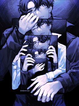 Rule 34 | 4boys, black coat, black eyes, black hair, bleeding, blood, blood on face, closed eyes, coat, curtained hair, dark, evie (baoxiao), eyepatch, facing viewer, hair between eyes, hand on own chest, highres, holding portrait, iei, limited palette, messy hair, multiple boys, multiple expressions, multiple persona, omniscient reader's viewpoint, open clothes, open coat, parody, popped collar, portrait, progression, recursion, secretive plotter, short hair, white coat, yoo joonghyuk, yoo joonghyuk (999th turn)