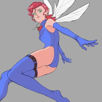 1girl armpit_crease artist_name ass bad_id bad_twitter_id bare_shoulders belt blue_leotard breasts brown_hair covered_erect_nipples curly_hair demon_(megami_tensei) elbow_gloves fairy fairy_wings from_side gloves green_eyes highres leotard looking_at_viewer medium_hair open_mouth pixie_(megami_tensei) pointy_ears s_ir_s shin_megami_tensei simple_background solo teeth thigh_belt thigh_strap thighhighs wings