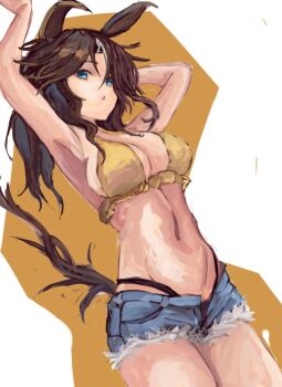 1girl animal_ears armpits arms_up bikini bikini_top_only blue_eyes blue_shorts breasts brown_hair cleavage commentary_request denim denim_shorts hair_between_eyes horse_ears horse_girl horse_tail large_breasts long_hair mejiro_palmer_(umamusume) multicolored_hair navel ponytail shorts solo stomach streaked_hair swimsuit tail umamusume white_hair yanagi_wakana yellow_bikini