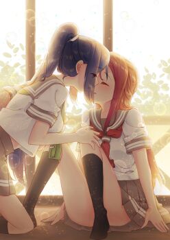Rule 34 | 2girls, black socks, blue hair, closed eyes, eyes visible through hair, green neckerchief, grey sailor collar, grey skirt, hand on another's knee, highres, imminent kiss, kneehighs, kneeling, lens flare, long hair, love live!, love live! sunshine!!, matsuura kanan, mimori (cotton heart), miniskirt, multiple girls, neckerchief, open mouth, pleated skirt, red hair, red neckerchief, sailor collar, sakurauchi riko, school uniform, serafuku, shirt, short sleeves, sidelocks, sitting, skirt, socks, very long hair, white shirt, yuri