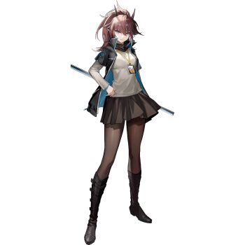 1girl arknights arm_at_side full_body hand_on_own_hip holding holding_sword holding_weapon horns id_card kang_yiqian_(self_cultivation) katana long_hair looking_at_viewer official_art pantyhose rhodes_island_uniform scabbard sheath sheathed simple_background skirt solo standing sword tachi-e third-party_source transparent_background weapon yato_(arknights)