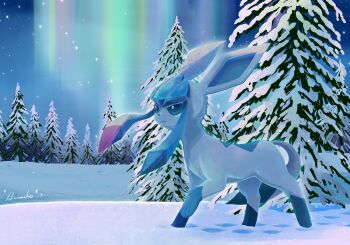 animal_focus aurora blue_eyes blue_fur blue_sclera closed_mouth colored_sclera full_body gen_4_pokemon glaceon highres night night_sky nintendo no_humans outdoors pokemon pokemon_(creature) pokemon_focus rumiko_(vertlapin96) sky smile snow snow_on_tree solo star_(sky) tail tree