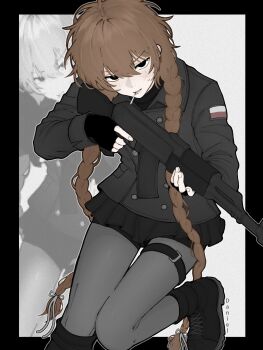 1boy black_border boots border braid character_name cigarette coat daniel_(slavcorpz) fingerless_gloves gloves gun highres holding holding_gun holding_weapon long_hair original polish_flag scar scar_on_face skirt slavcorpz tagme trap trench_coat twin_braids unlit_cigarette_in_mouth weapon