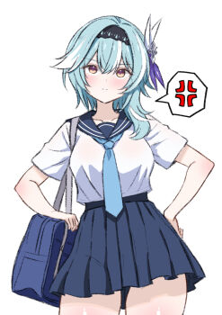 1girl absurdres alternate_costume anger_vein bag black_hairband blue_hair blue_necktie blue_skirt breasts cowboy_shot eula_(genshin_impact) genshin_impact hairband hand_on_own_hip highres large_breasts light_frown looking_at_viewer medium_hair namasoru necktie pleated_skirt purple_eyes school_bag school_uniform serafuku shirt shoulder_bag simple_background skirt solo spoken_anger_vein white_background white_shirt