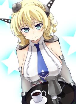 1girl black_gloves blonde_hair blue_background blue_eyes blue_necktie braid breasts cafe capelet coffee coffee_pot colorado_(kancolle) cup disposable_coffee_cup disposable_cup dress elbow_gloves garrison_cap gloves grey_capelet grey_dress grey_gloves grey_hat hair_between_eyes hat headgear highres holding holding_tray jar kantai_collection large_breasts looking_at_viewer midori_no_ryokucha milk necktie pleated_dress saucer shirt short_hair side_braids sideboob sleeveless solo star_(symbol) star_symbol_background tray upper_body wavy_mouth white_shirt