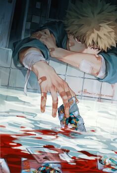 1boy absurdres all_might artist_name bakugou_katsuki bandaged_arm bandages bandaid bandaid_on_arm bandaid_on_face bandaid_on_hand bathroom bathtub between_fingers blonde_hair blood blood_in_water blood_stain boku_no_hero_academia broken_glass broken_mirror card card_between_fingers character_name character_print commentary covered_mouth cuts door english_text glass graph hair_between_eyes hand_on_own_arm head_on_arm head_rest highres holding holding_card hospital_gown indoors injury leaning_on_object light_switch looking_at_viewer male_focus mirror radar_chart red_eyes sanpaku signature silhouette solo spiked_hair spoilers switch tile_wall tiles upper_body v-shaped_eyebrows zerom000